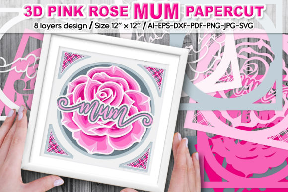 3D SVG Pink Rose MUM Layered Cut Files
