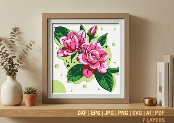 3D SVG Romantic Pink Rose Shadow Box for Design Projects
