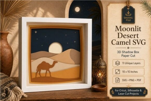 Moonlit Desert Camel 3D SVG Shadow Box for Branding & Packaging