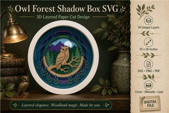 Owl Forest Shadow Box SVG 3D Paper Cut: A Layered Design Asset for Creative Projects